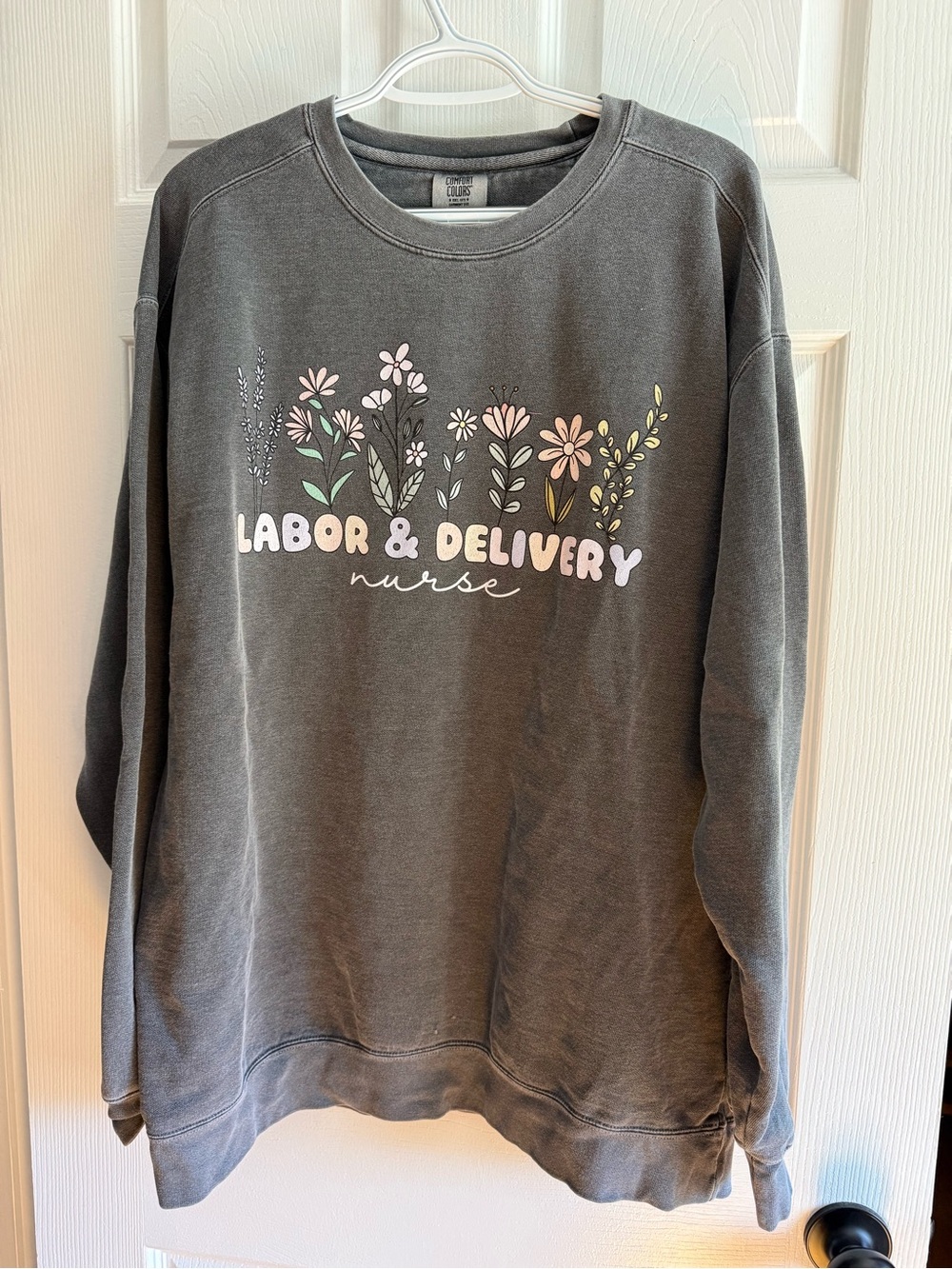 Comfort Colors Gray 'Labor & Delivery Nurse' Floral Crewneck Sweatshirt